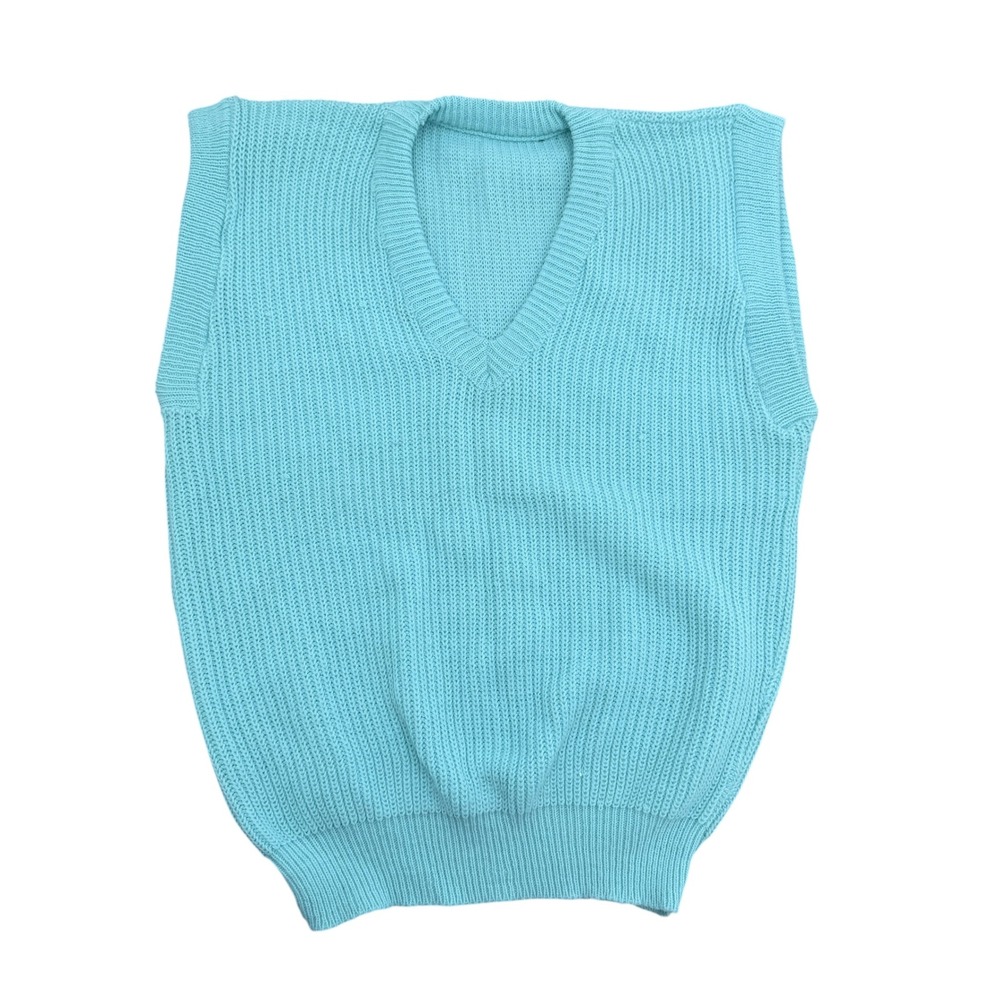 Handmade Vintage 80s Knit Sweater Vest V-Neck Mint Blue Large Green